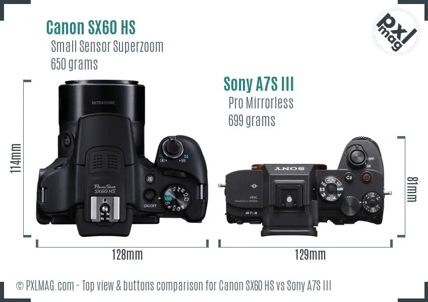 Canon SX60 HS vs Sony A7S III top view buttons comparison Canon SX60 HS vs Sony A7S III top view buttons comparison