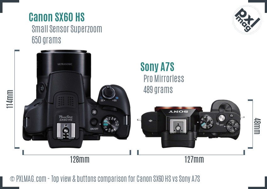 Canon SX60 HS vs Sony A7S top view buttons comparison