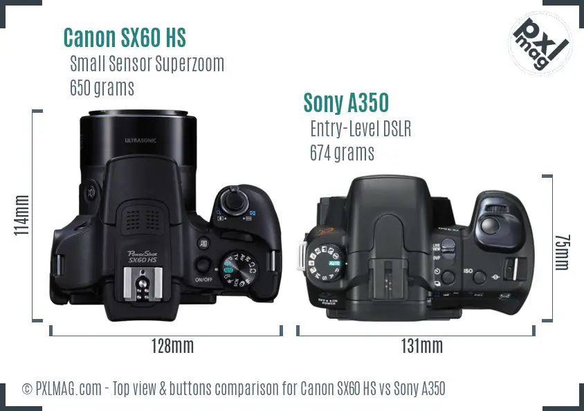 Canon SX60 HS vs Sony A350 top view buttons comparison