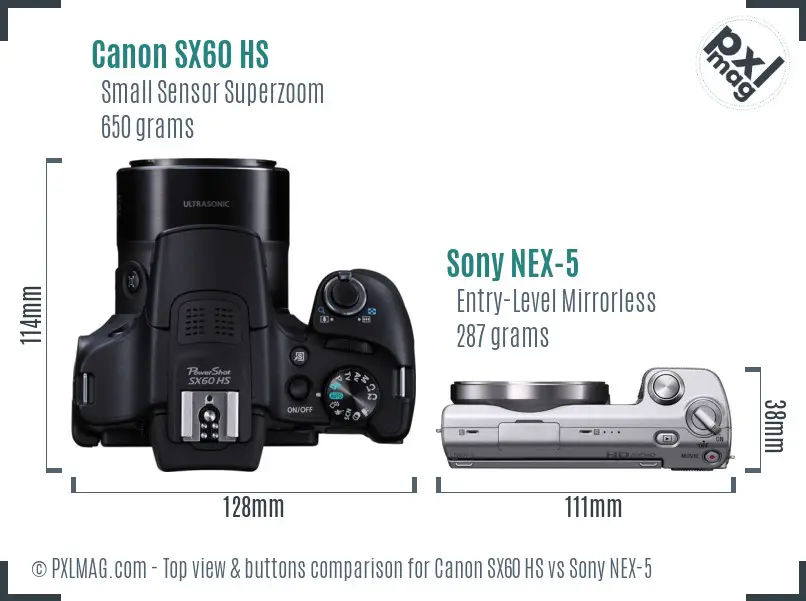 Canon SX60 HS vs Sony NEX-5 top view buttons comparison Canon SX60 HS vs Sony NEX-5 top view buttons comparison
