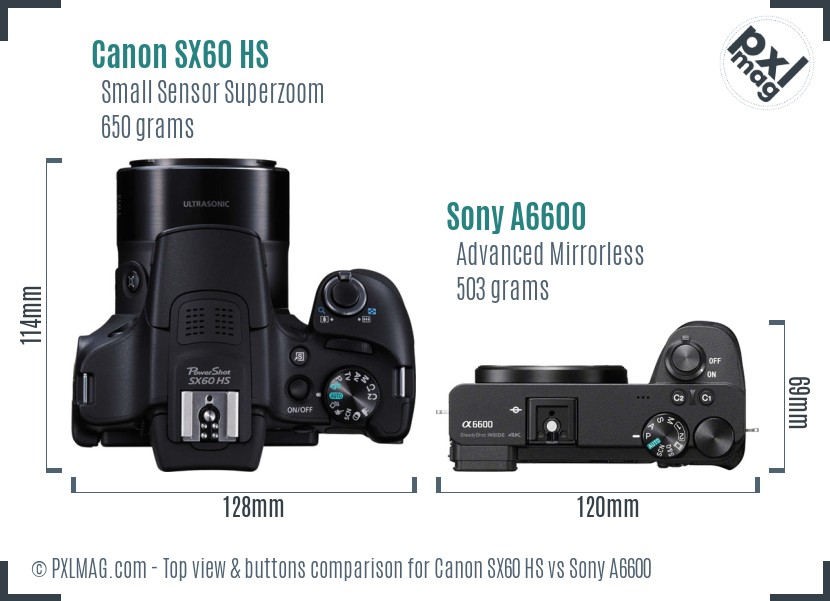 Canon SX60 HS vs Sony A6600 top view buttons comparison