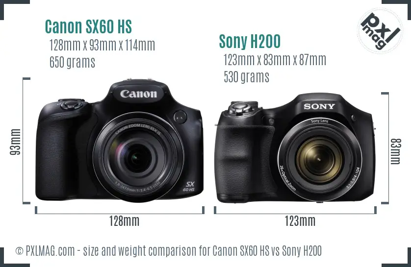 Canon SX60 HS vs Sony H200 size comparison