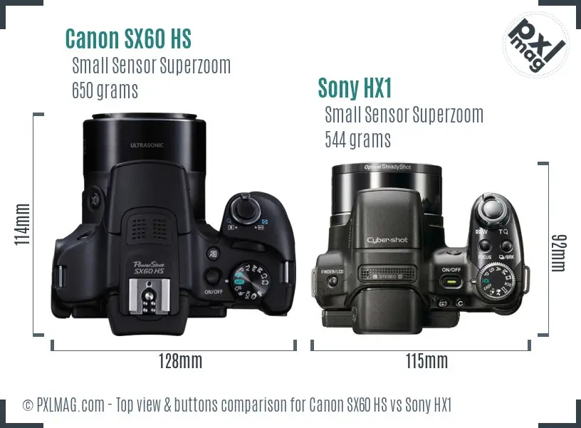 Canon SX60 HS vs Sony HX1 top view buttons comparison