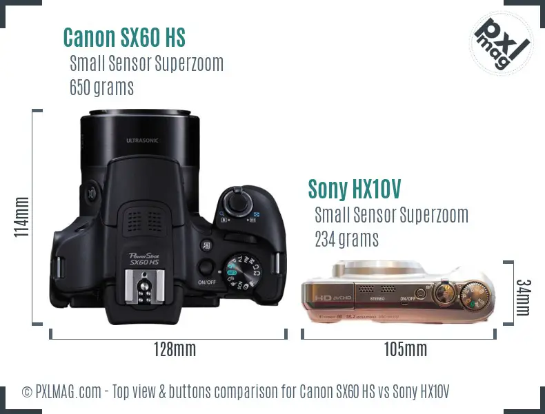 Canon SX60 HS vs Sony HX10V top view buttons comparison Canon SX60 HS vs Sony HX10V top view buttons comparison