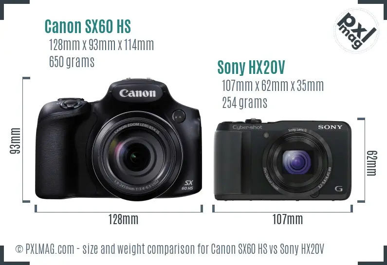 Canon SX60 HS vs Sony HX20V size comparison
