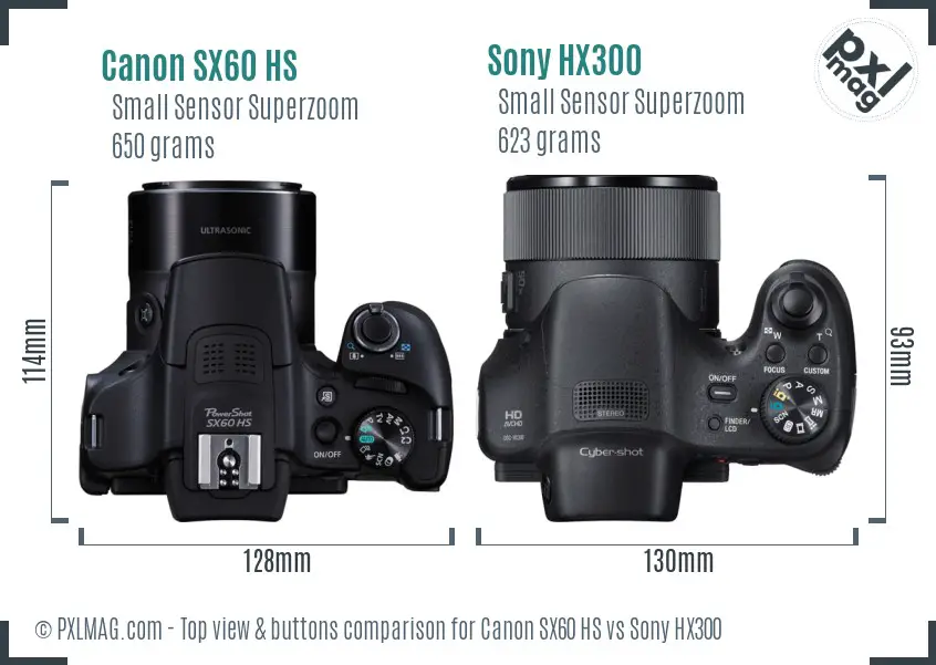 Canon SX60 HS vs Sony HX300 top view buttons comparison