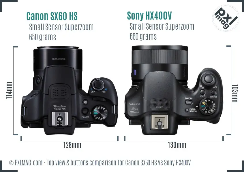 Canon SX60 HS vs Sony HX400V top view buttons comparison