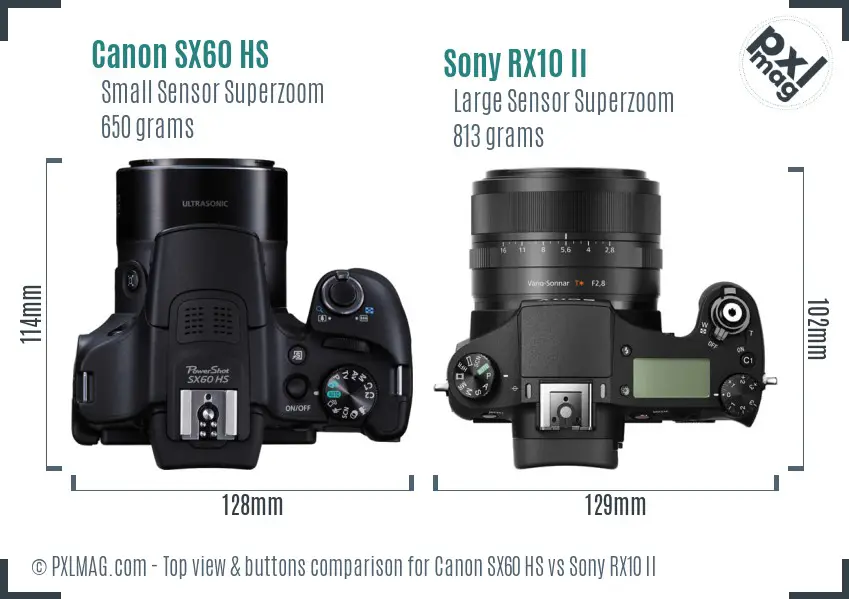 Canon SX60 HS vs Sony RX10 II top view buttons comparison