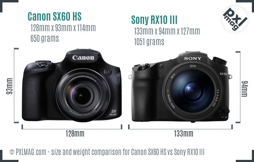 Canon SX60 HS vs Sony RX10 III size comparison