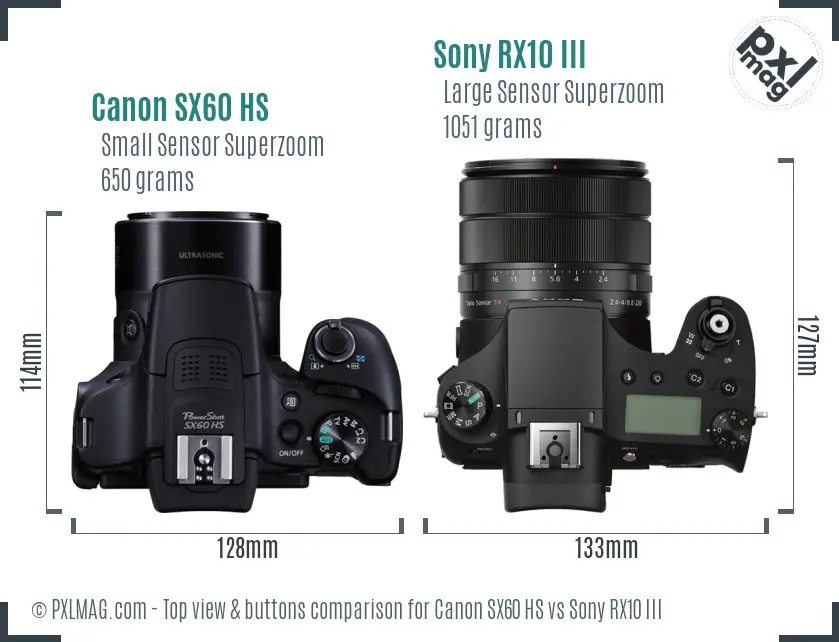 Canon SX60 HS vs Sony RX10 III top view buttons comparison