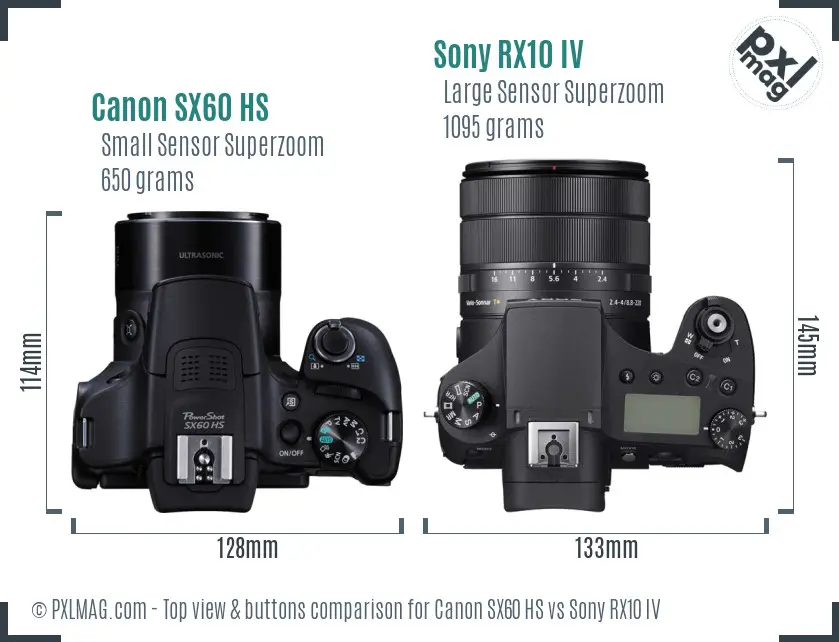 Canon SX60 HS vs Sony RX10 IV top view buttons comparison