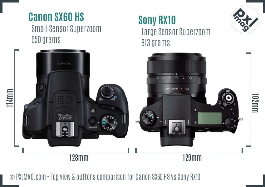 Canon SX60 HS vs Sony RX10 top view buttons comparison
