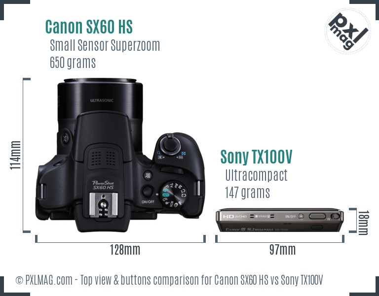 Canon SX60 HS vs Sony TX100V top view buttons comparison