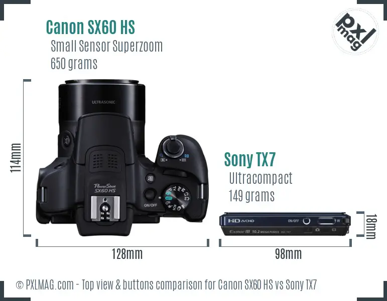 Canon SX60 HS vs Sony TX7 top view buttons comparison