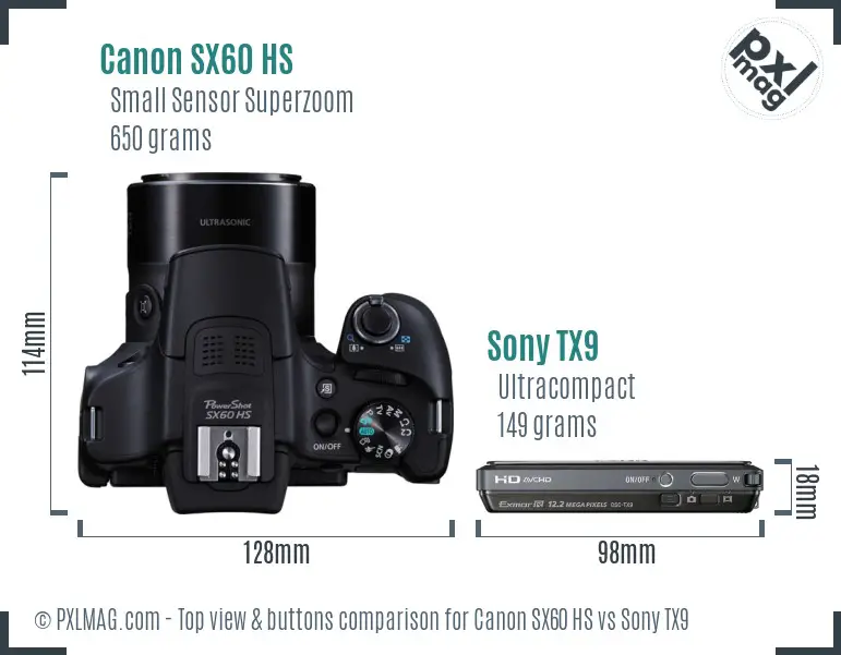 Canon SX60 HS vs Sony TX9 top view buttons comparison