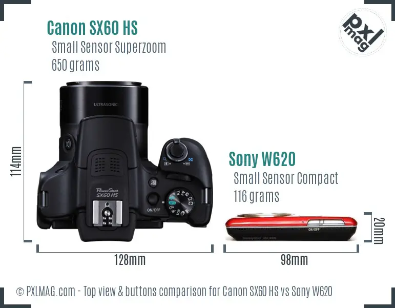 Canon SX60 HS vs Sony W620 top view buttons comparison
