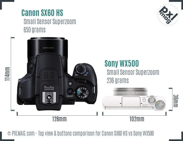 Canon SX60 HS vs Sony WX500 top view buttons comparison Canon SX60 HS vs Sony WX500 top view buttons comparison