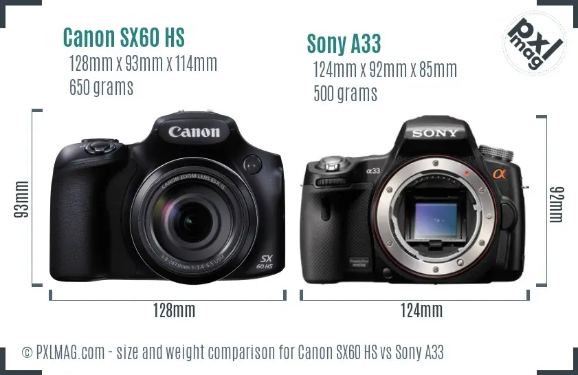 Canon SX60 HS vs Sony A33 size comparison