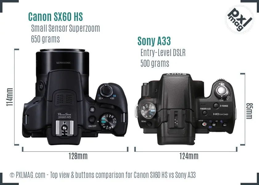 Canon SX60 HS vs Sony A33 top view buttons comparison