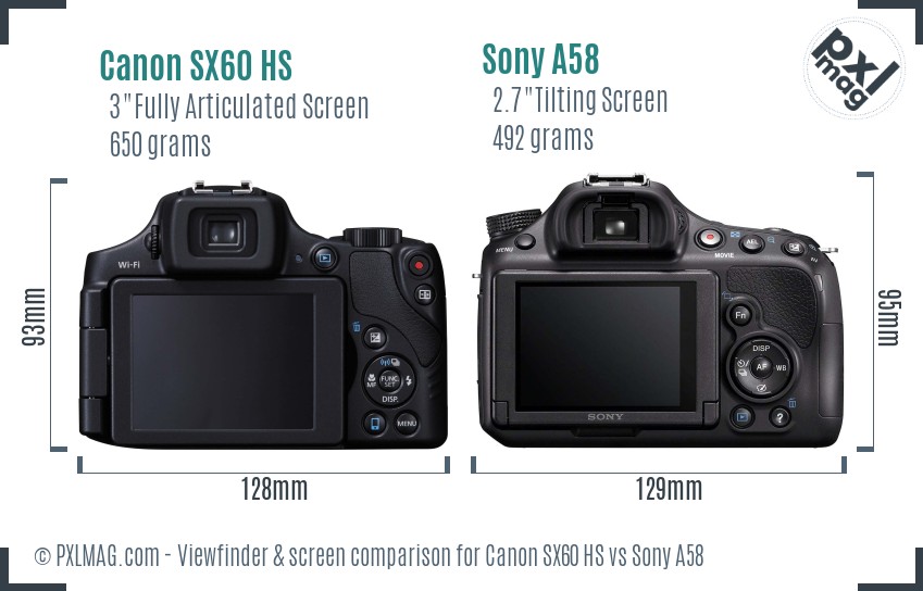 Canon SX60 HS vs Sony A58 Screen and Viewfinder comparison