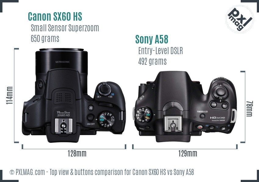 Canon SX60 HS vs Sony A58 top view buttons comparison