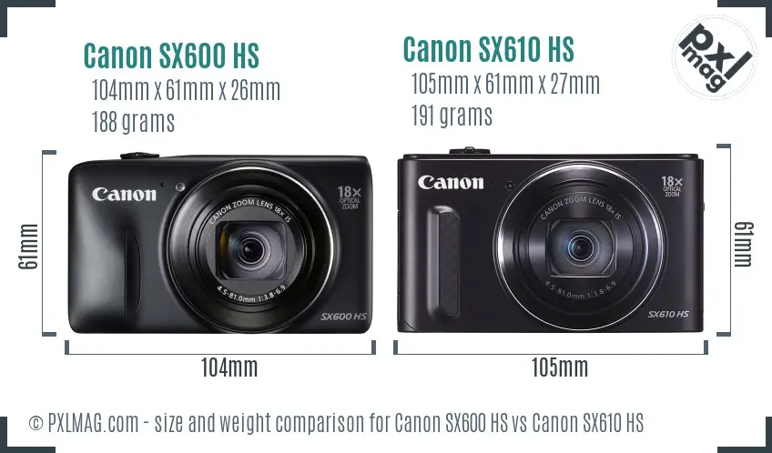 Canon SX600 HS vs Canon SX610 HS size comparison