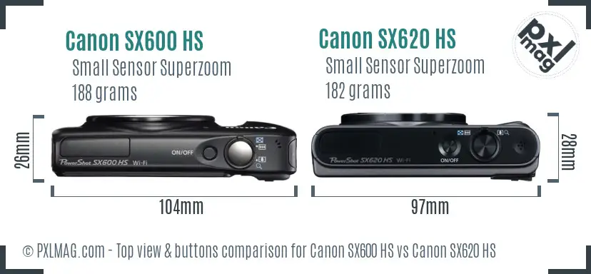 Canon SX600 HS vs Canon SX620 HS top view buttons comparison