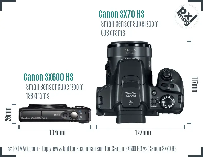Canon SX600 HS vs Canon SX70 HS top view buttons comparison