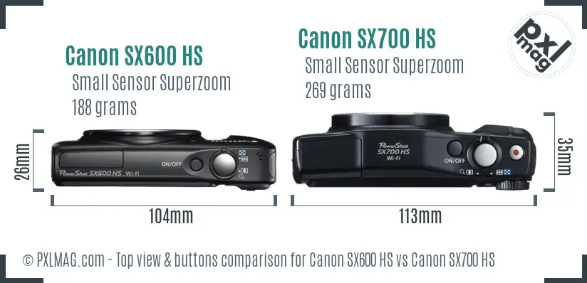 Canon SX600 HS vs Canon SX700 HS top view buttons comparison