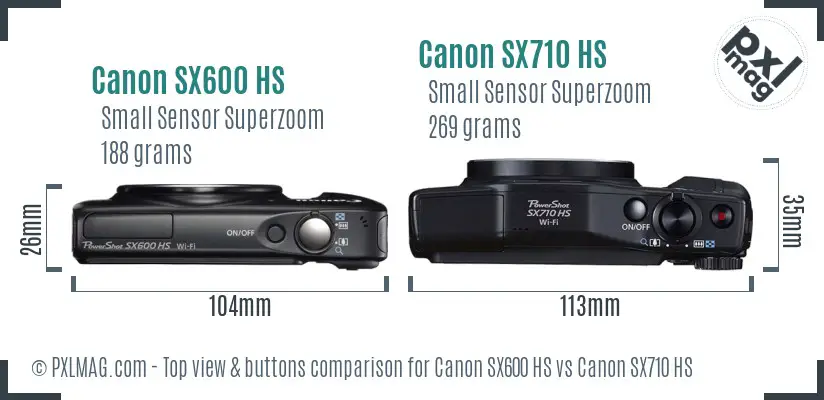 Canon SX600 HS vs Canon SX710 HS top view buttons comparison