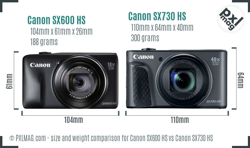 Canon SX600 HS vs Canon SX730 HS size comparison