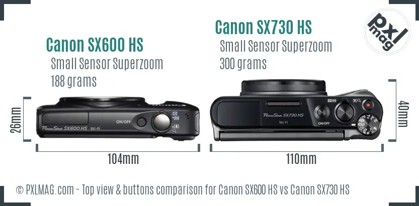 Canon SX600 HS vs Canon SX730 HS top view buttons comparison