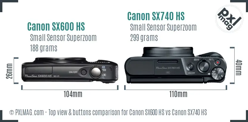 Canon SX600 HS vs Canon SX740 HS top view buttons comparison