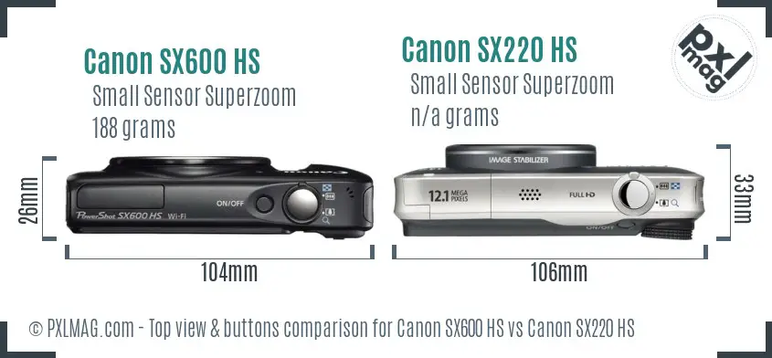Canon SX600 HS vs Canon SX220 HS top view buttons comparison