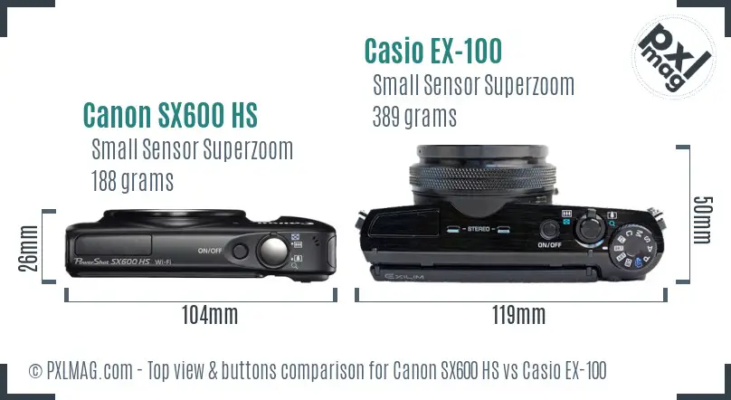 Canon SX600 HS vs Casio EX-100 top view buttons comparison