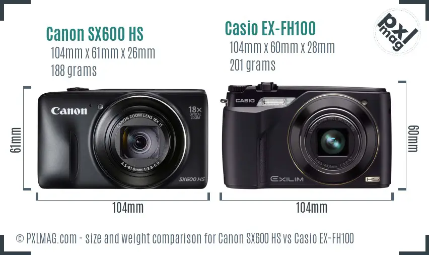 Canon SX600 HS vs Casio EX-FH100 size comparison