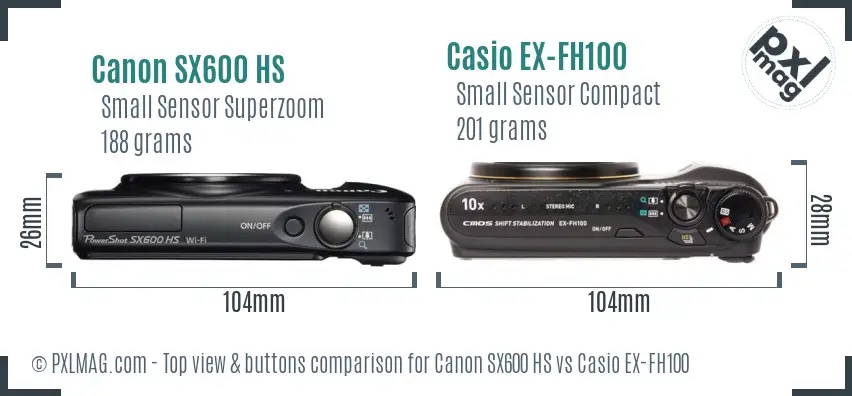 Canon SX600 HS vs Casio EX-FH100 top view buttons comparison