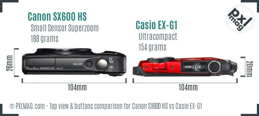 Canon SX600 HS vs Casio EX-G1 top view buttons comparison Canon SX600 HS vs Casio EX-G1 top view buttons comparison