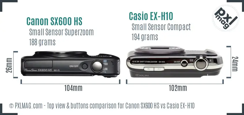 Canon SX600 HS vs Casio EX-H10 top view buttons comparison