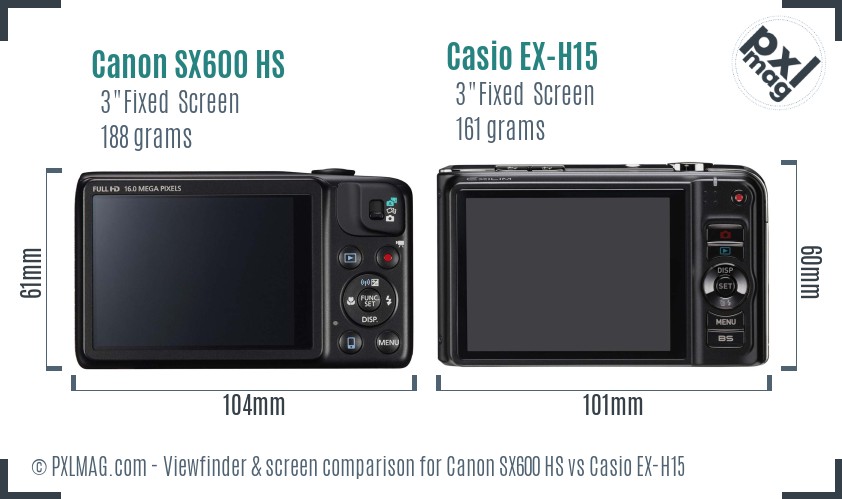 Canon SX600 HS vs Casio EX-H15 Screen and Viewfinder comparison