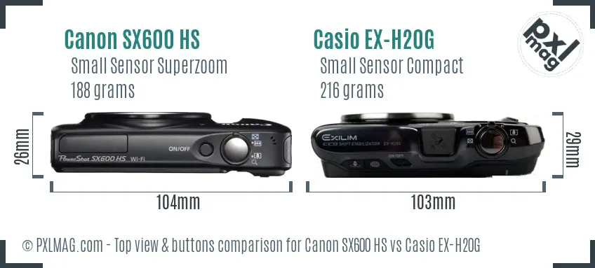 Canon SX600 HS vs Casio EX-H20G top view buttons comparison
