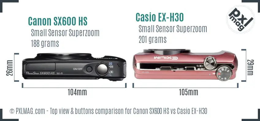 Canon SX600 HS vs Casio EX-H30 top view buttons comparison