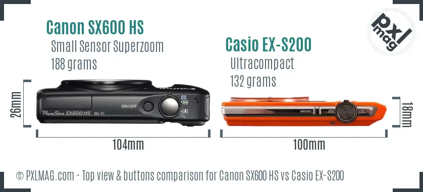 Canon SX600 HS vs Casio EX-S200 top view buttons comparison