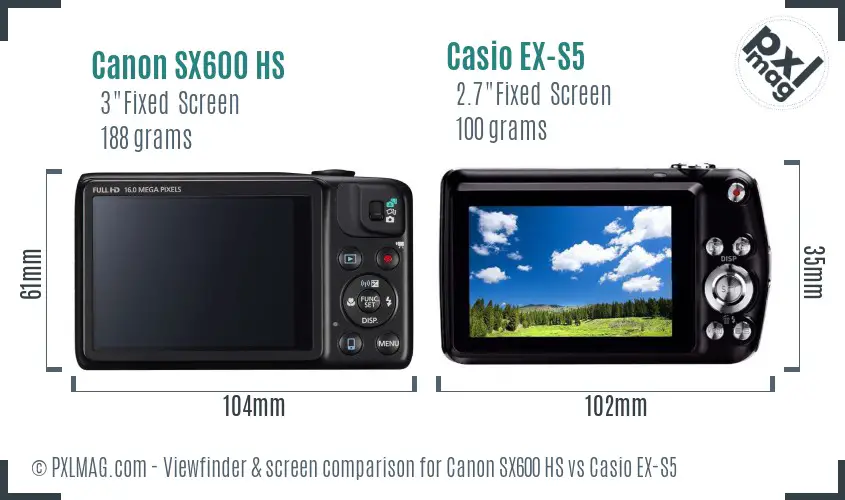 Canon SX600 HS vs Casio EX-S5 Screen and Viewfinder comparison