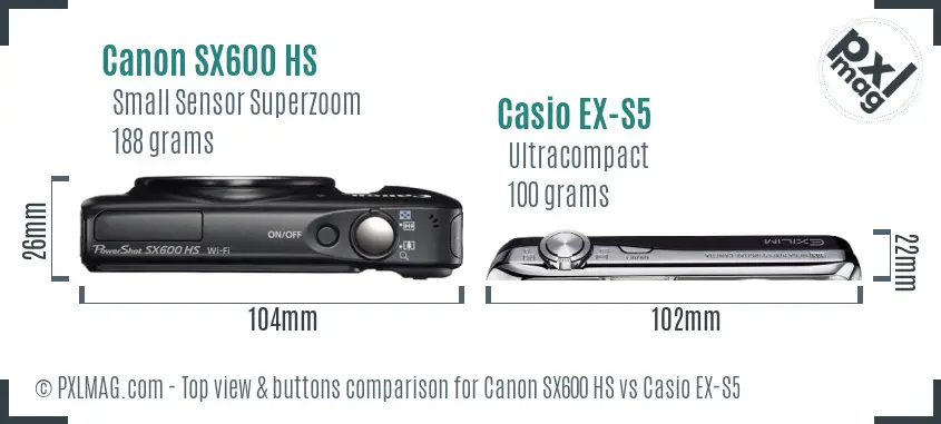 Canon SX600 HS vs Casio EX-S5 top view buttons comparison