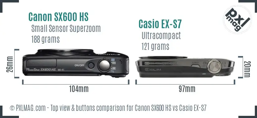 Canon SX600 HS vs Casio EX-S7 top view buttons comparison