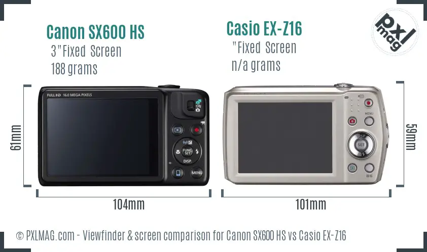 Canon SX600 HS vs Casio EX-Z16 Screen and Viewfinder comparison