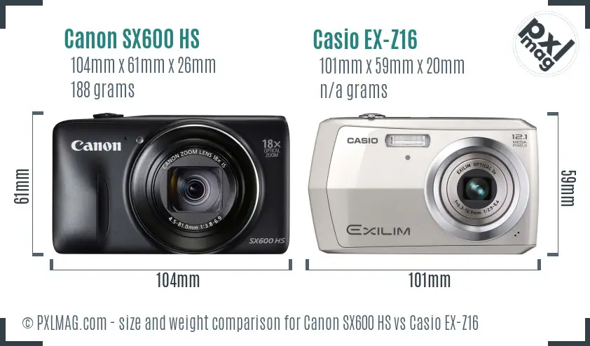 Canon SX600 HS vs Casio EX-Z16 size comparison