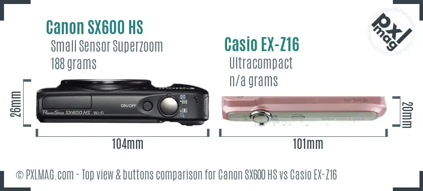 Canon SX600 HS vs Casio EX-Z16 top view buttons comparison