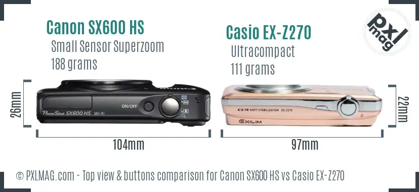 Canon SX600 HS vs Casio EX-Z270 top view buttons comparison Canon SX600 HS vs Casio EX-Z270 top view buttons comparison